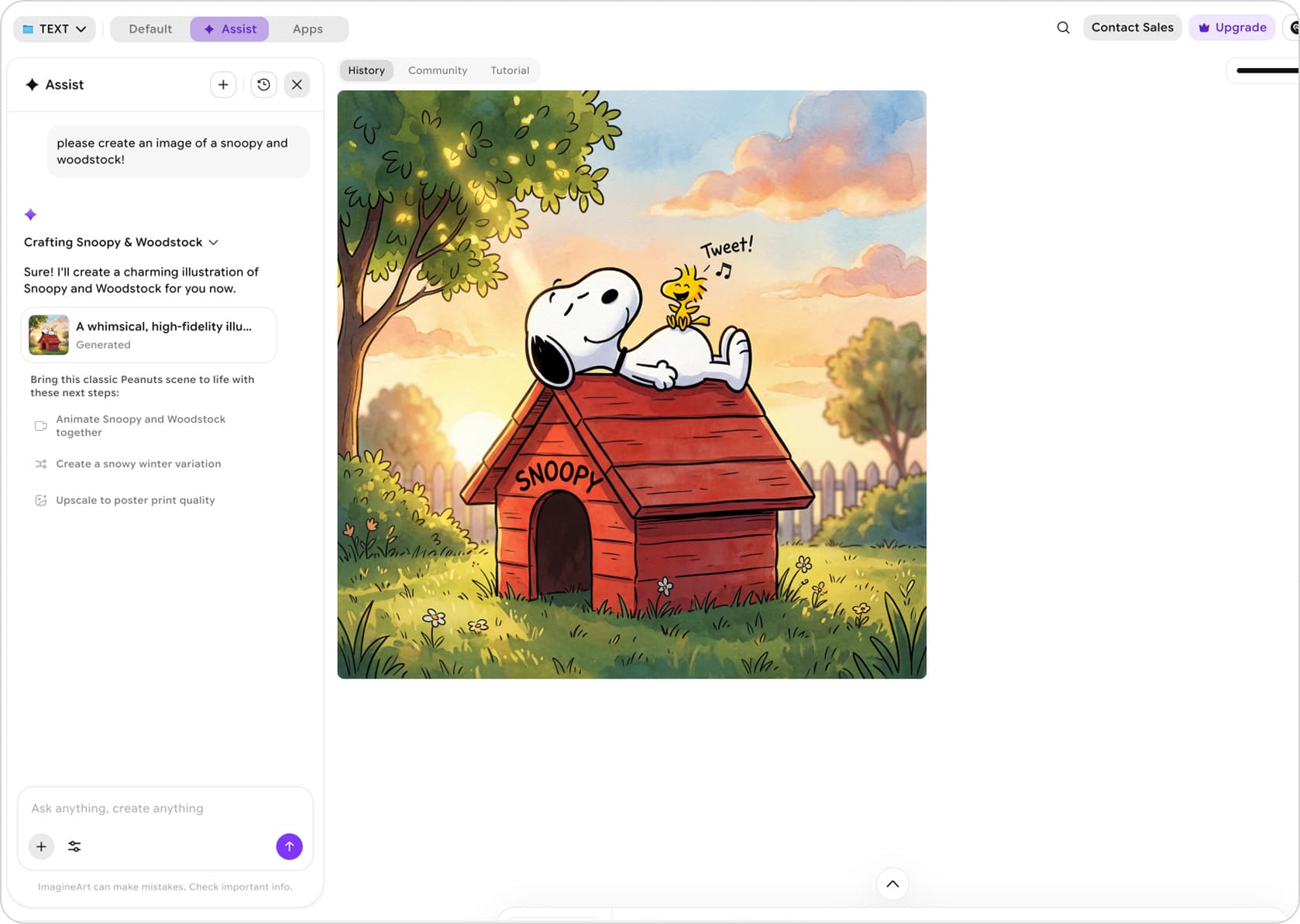 ImagineArt Assist conversation generating a Snoopy and Woodstock illustration with suggested next steps