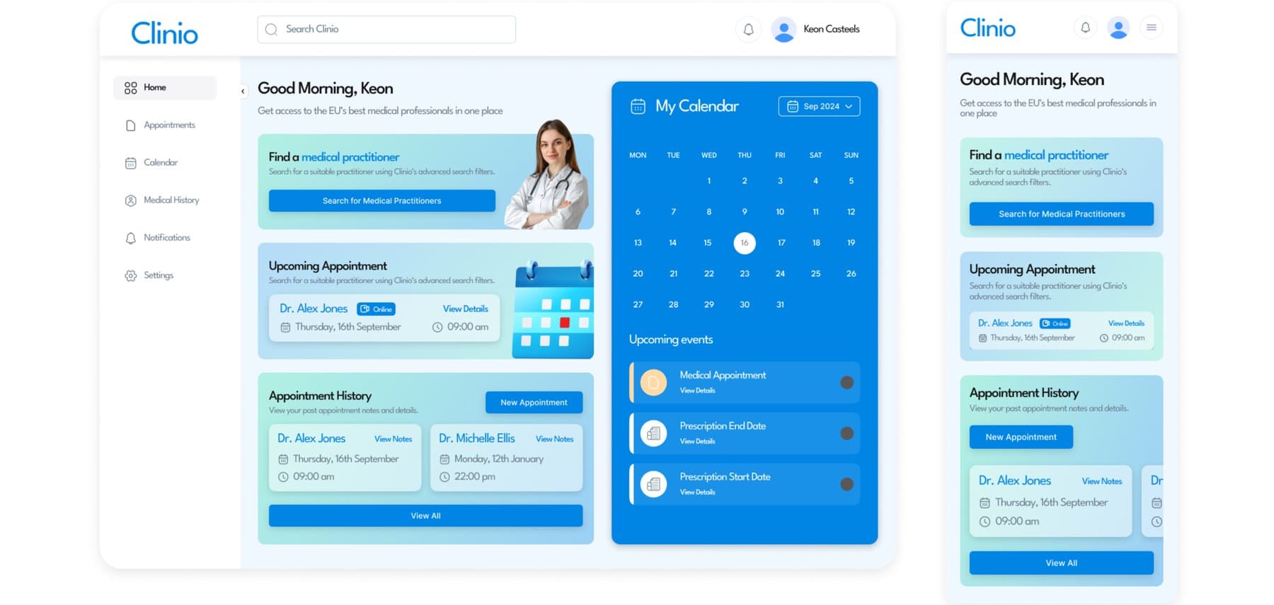 Clinio patient dashboard in blue