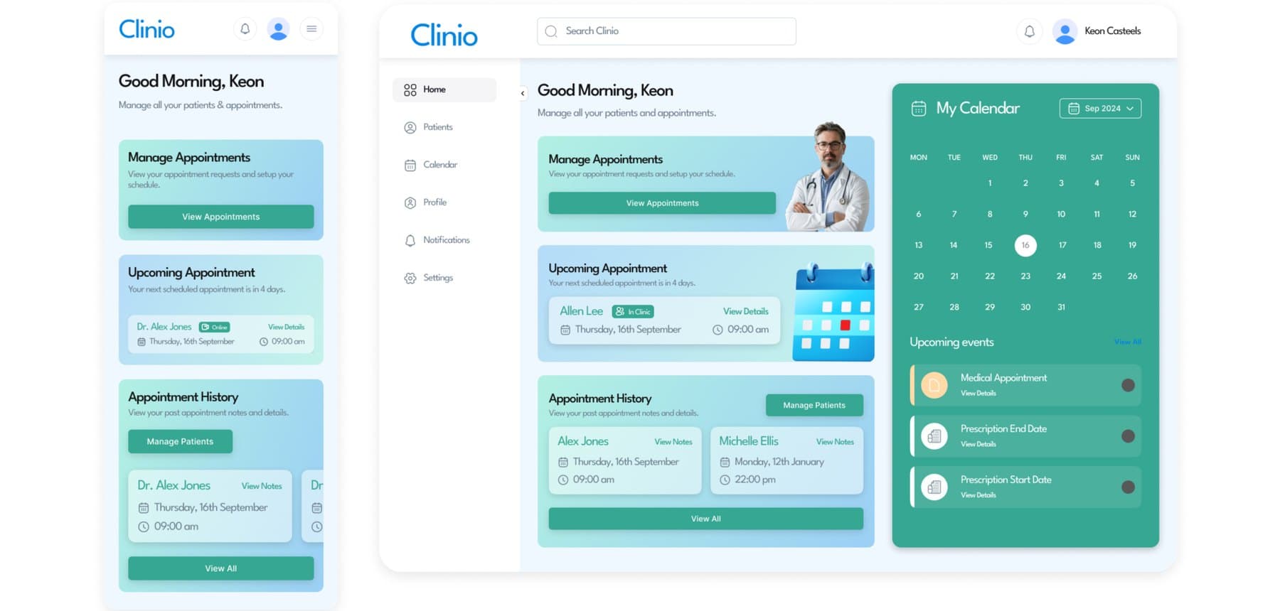 Clinio practitioner dashboard in green